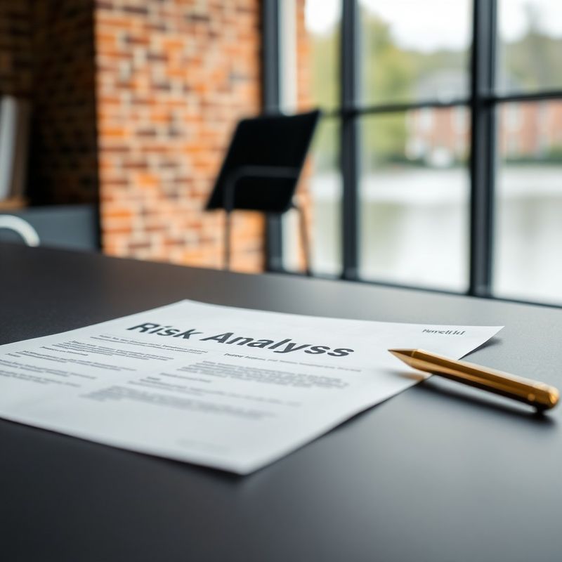 Risicoanalyse-document met gouden pen op een matte charcoal bureau