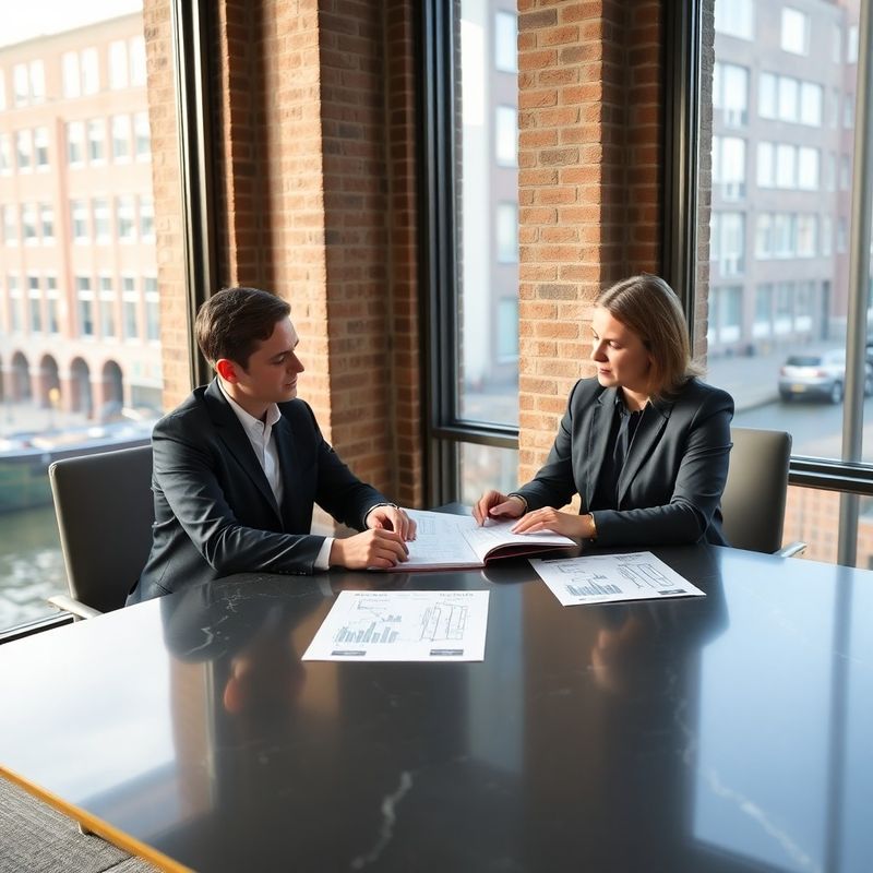 Twee adviseurs bespreken structuurdiagrammen aan een charcoal-en-gouden tafel